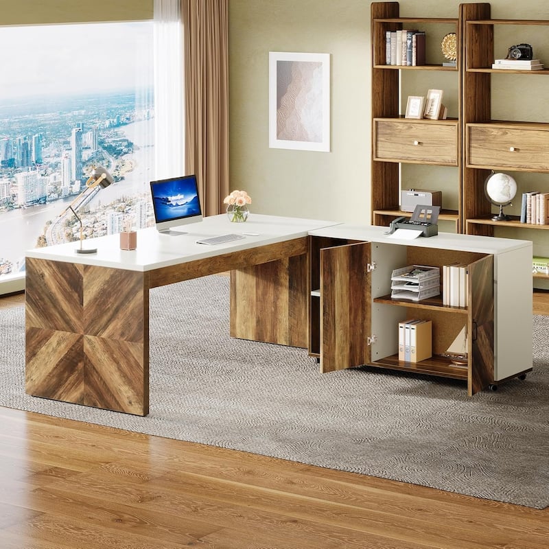 63-inch L-Shaped Desk, Modern Executive Office Desk with Mobile File Cabinet