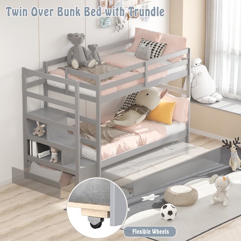Costway Twin Over Twin Bunk Bed with Trundle Stairway and Storage - 39'' x 75''