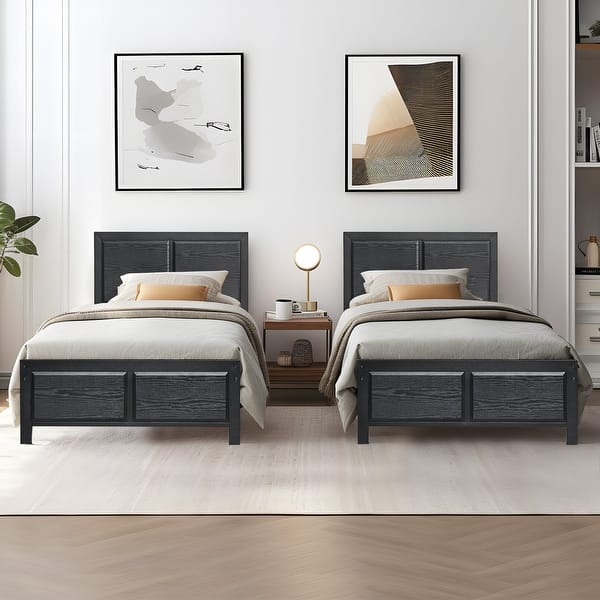 slide 2 of 23, VECELO Platform Twin Size Kids Bed Frame with Wood Headboard,Twin Size Bed Set of 2, 3 Colors