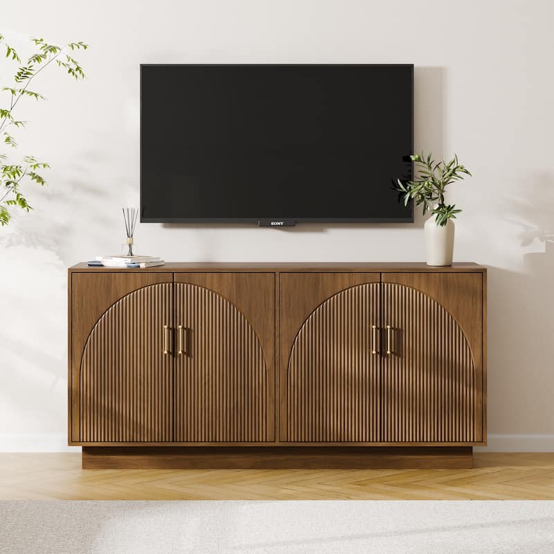 Mid-Century Fluted TV Stand with Storage Fits TVs up to 75", Entryway Console, Sideboard - 15.7"D x 65"W x 31.5"H - Walnut