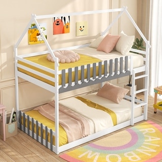 Gymax Twin Over Twin Bunk Bed w/ Fence & Ladder Solid Wood Floor Bunk