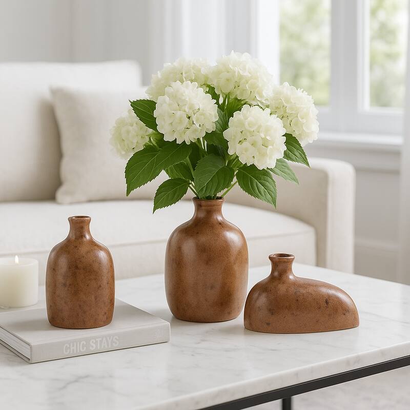 Stoneware Decorative Vases Sleek Sculptural Design Modern (Set of 3) - Brown