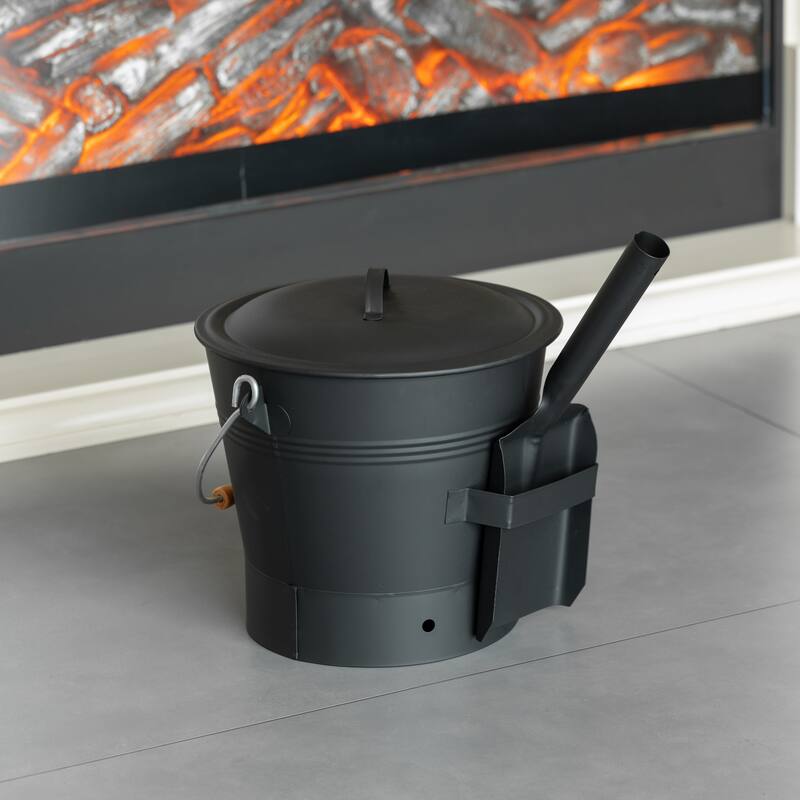 Black Iron Ash Bucket with Lid and Wood Handle Brush Use for Fire Pit, Wood Burning Stove and Grill