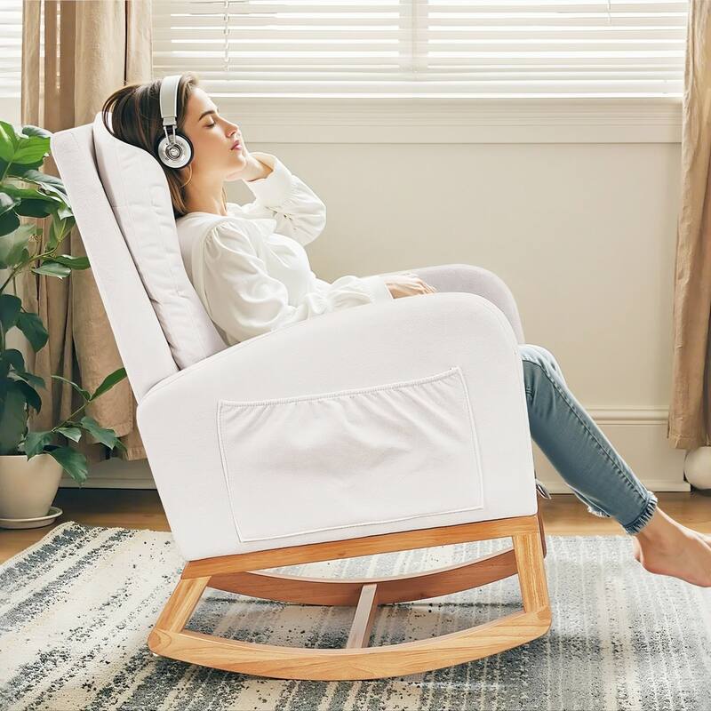 Javlergo Small Space Rocking Chair with Pull-Out Pedals Solid Wood Legs Glider Chair for Nursery with Two Side Storage Pockets