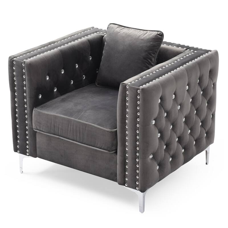Button Tufted Velvet Accent Chair with Square Pillow - 40" - Gray