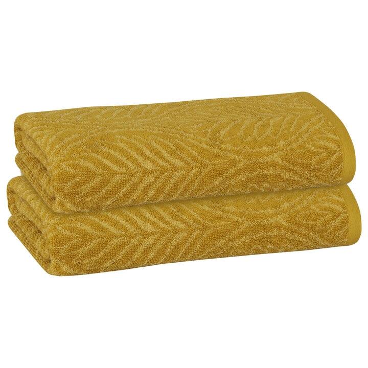 PREMIUS 2 Pack Leaf 100% Cotton Yarn Dyed Hand Towel, 16x28 Inches - 16x28 Inches - Gold
