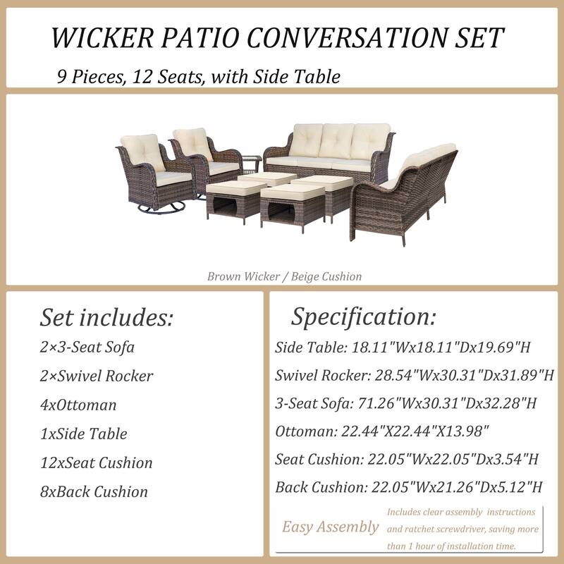 9 Piece Outdoor Wicker Patio Conversation Swivel Chairs Furniture Sets