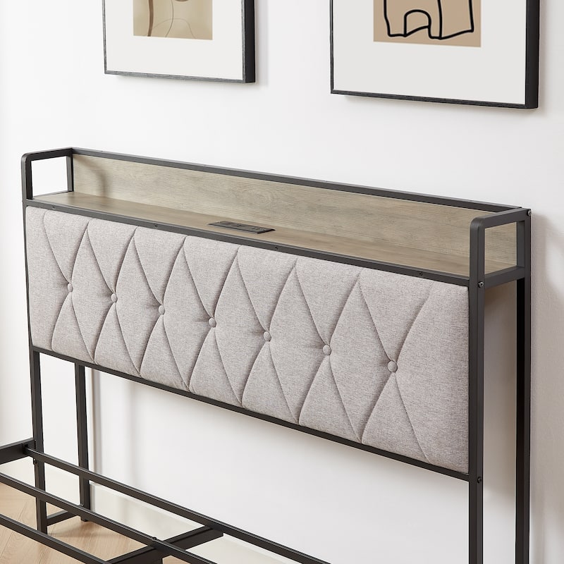 Grey & Queen Bed with Charging Station