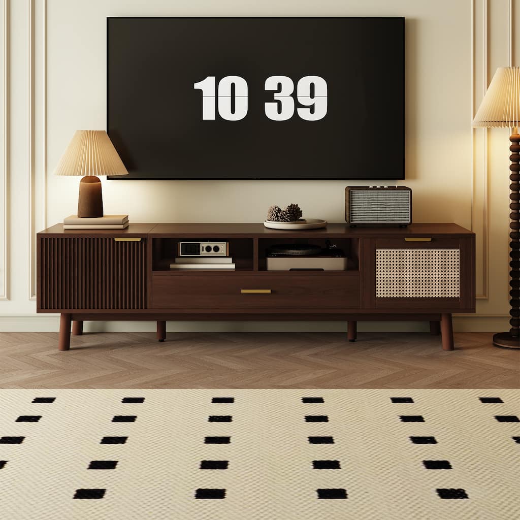 Dark Brown Solid Wood TV Stand for 75" TVs，TV Console with Soft-Closing Door and Drop-Down Door Cabinet