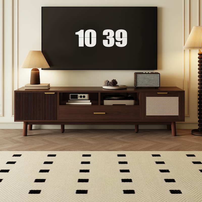 Dark Brown Wood TV Stand Media Storage Cabinets with Drawers