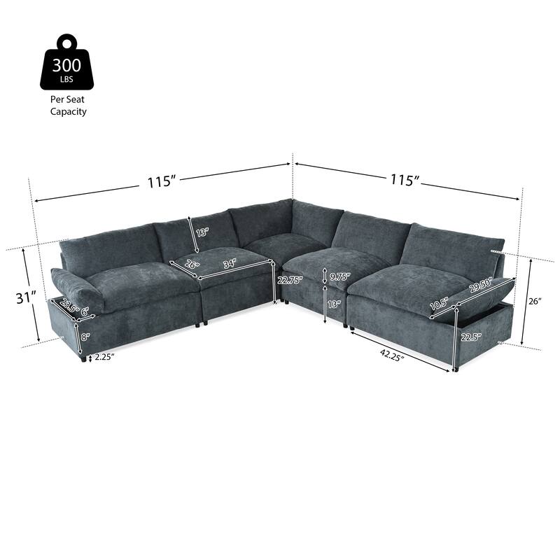 L-Shaped Modular Sectional Sofa, Comfy Upholstered 5 Seater Sofa, Corner Sofa with Hidden Storage Compartments