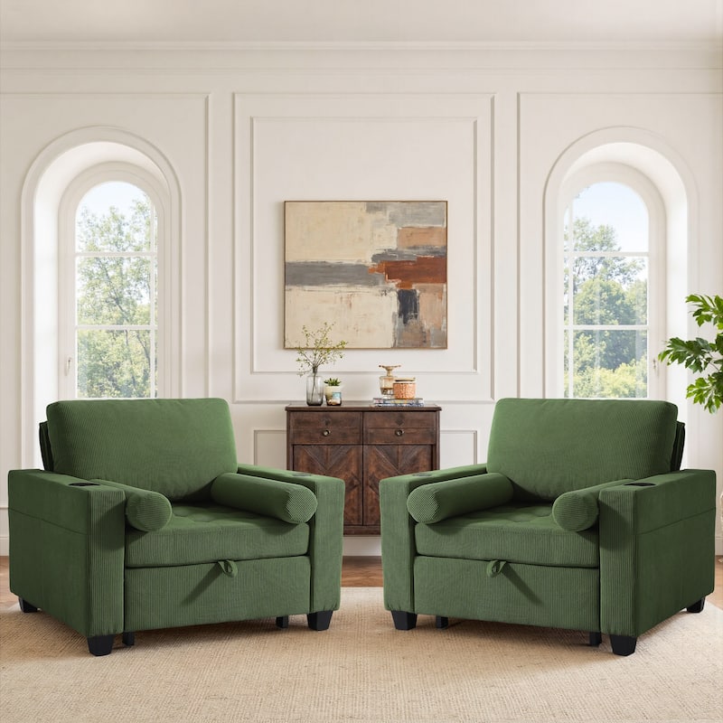 3-in-1 Adjustable Sleeper Sofa Bed Convertible Chair for Living Room - Green - 2 Set