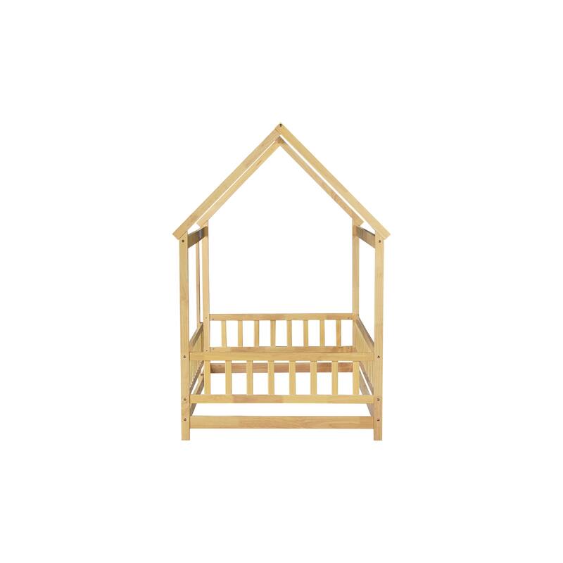 Twin Size Natural Wooden House Floor Bed with Roof Frame and Safety Guardrails