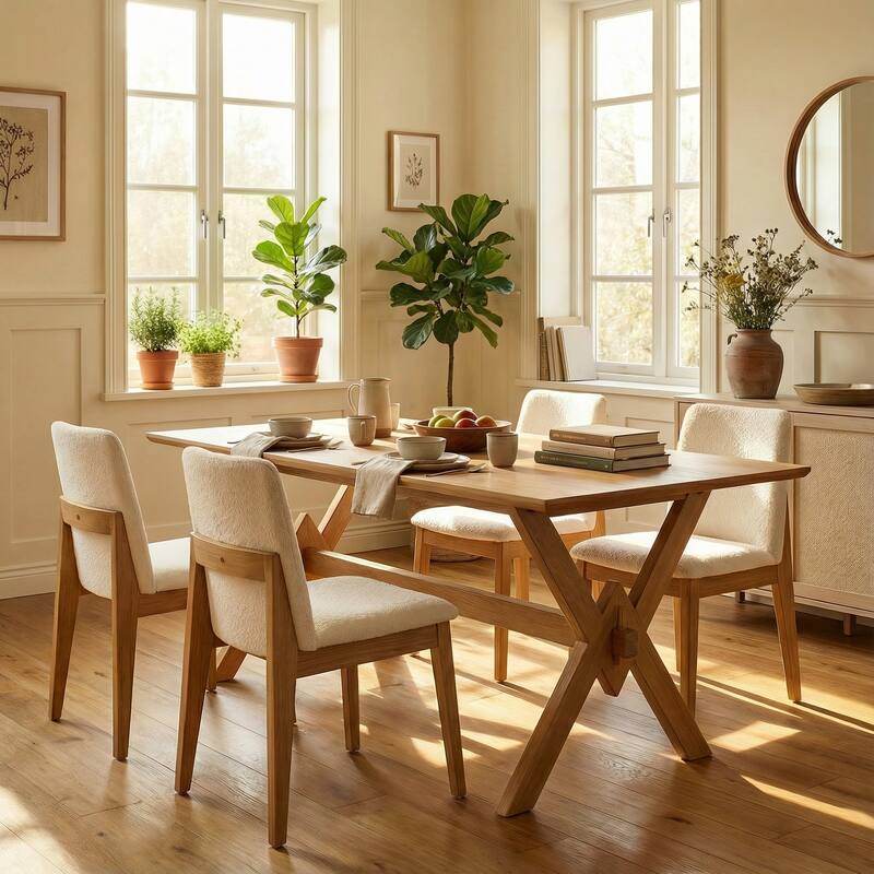 Christopher Knight Home - Mid-Century 5-Piece Dining Set Rectangular V-Base Dining Table & Upholstered Parsons Dining Chairs - 5-Piece - Beige+Natural Finish