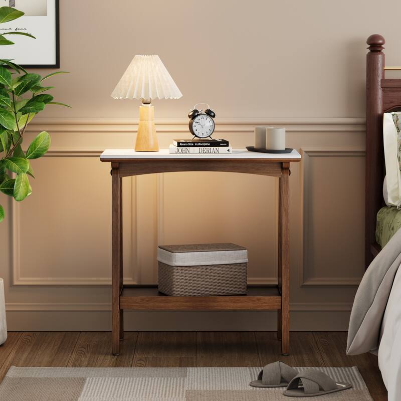 Narrow Slate Side Table with Storage Shelf, Small End Table for Living Room Bedroom Small Spaces, Nightstand Bedside Table