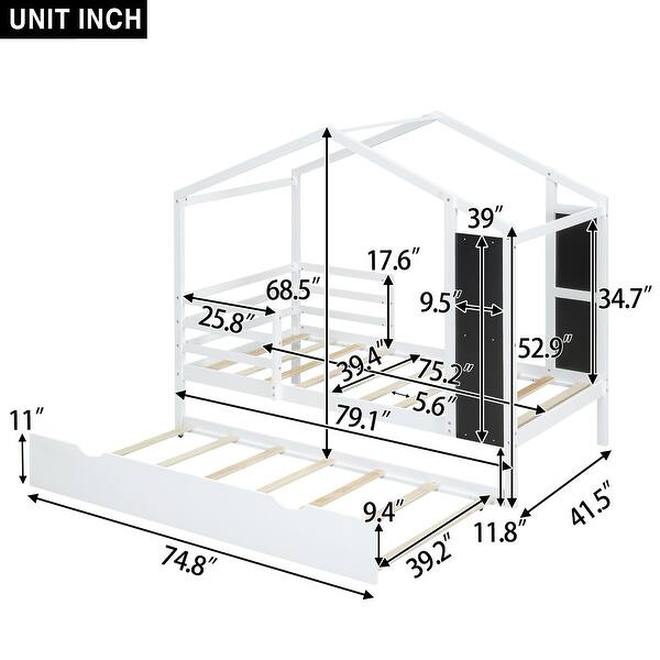 White Twin Size Solid Wood House Bed with Trundle, Fence and Writing Board for Kids, Boys and Girls, Bedroom