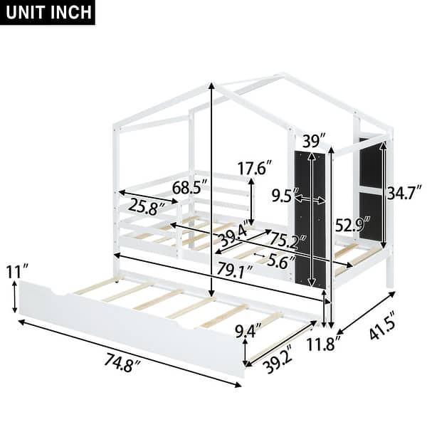 White Twin Size Solid Wood House Bed with Trundle & Writing Board