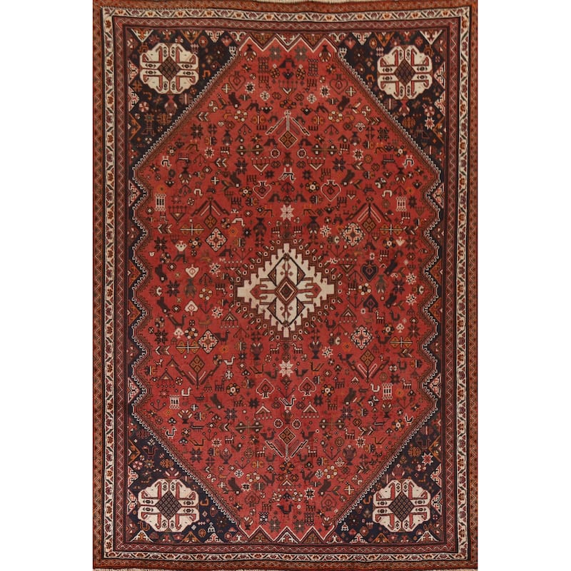 Tribal Red Shiraz Persian Vintage Area Rug Hand-Knotted Wool Carpet - 6'8"x 10'0"