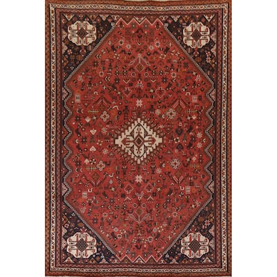 Tribal Red Shiraz Persian Vintage Area Rug Hand-Knotted Wool Carpet - 6'8"x 10'0"