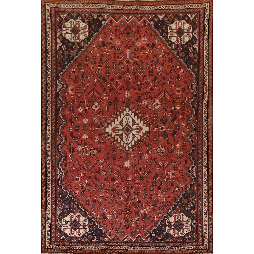 Tribal Red Shiraz Persian Vintage Area Rug Hand-Knotted Wool Carpet - 6'8"x 10'0"