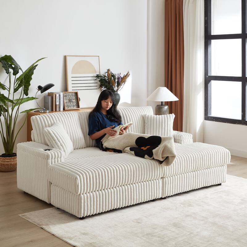 Corduroy Sectional Loveseat Sofa with 2 Ottomans Chaise Lounge, 2 Toss Pillows, 2 Arm Storage and 2 Cup-holding for Living Room