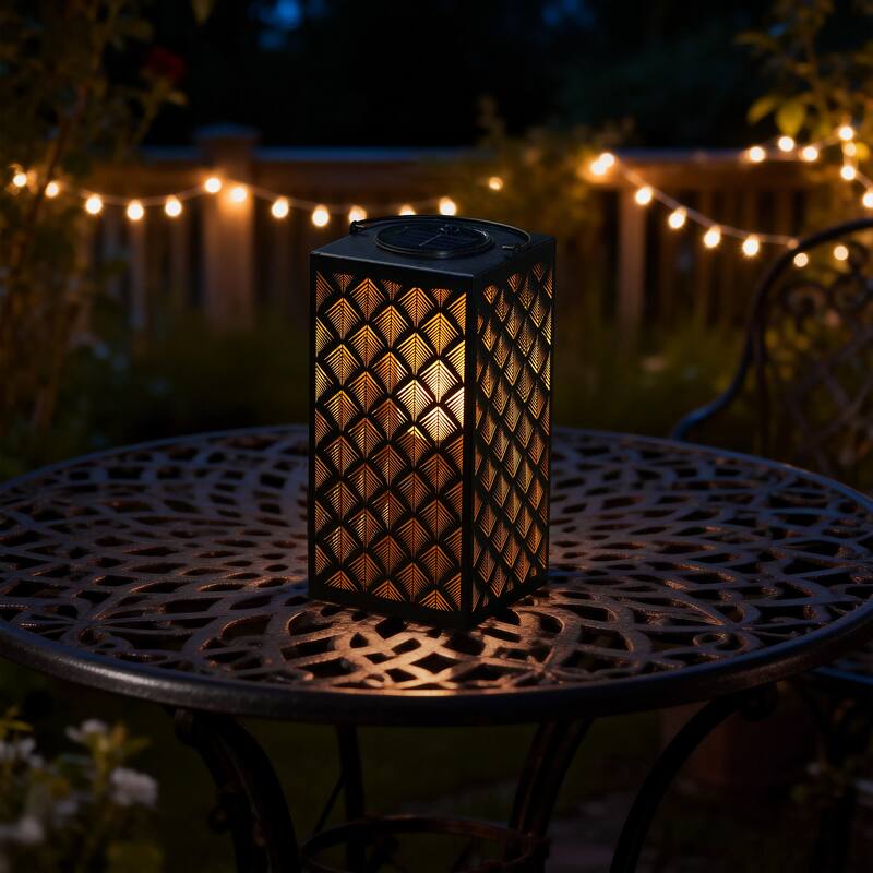 Glitzhome 11"H Black Metal Cutout or Square Textured Glass Pattern Solar Powered Hanging Lantern with LED Light - Single-Square Textured