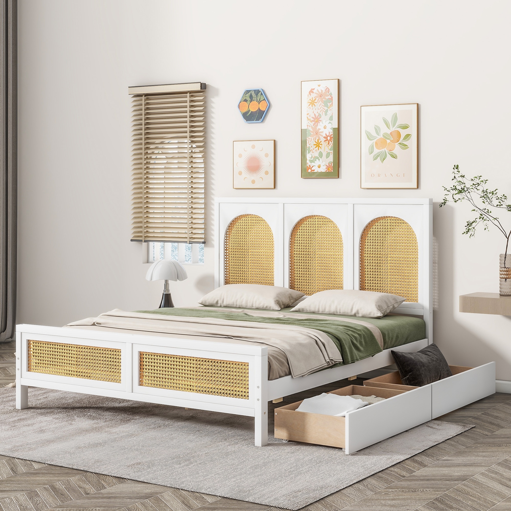King Size Platform Bed with Four Storage Drawers, White Bed Bath
