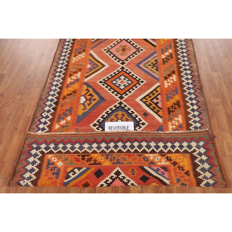 Orange Kilim Qashqai Persian Vintage Area Rug Hand-Woven Wool Carpet - 5'2"x 8'11"
