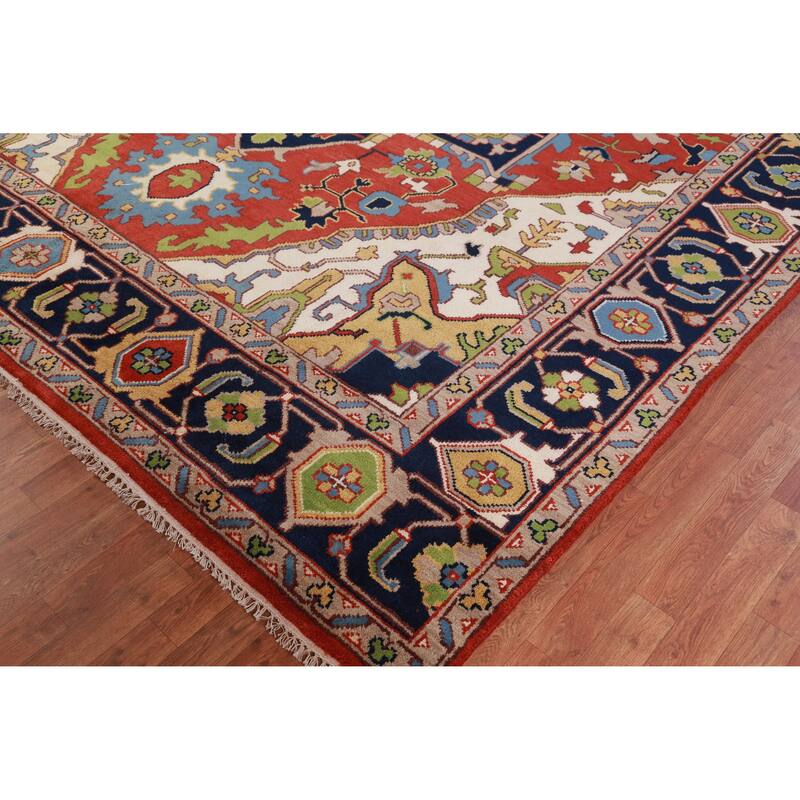 Hand Knotted Oriental 100% Wool Carpet Traditional Medallion Oranges & Rust Heriz (serapi) Area Rug - 13' 10'' X 9' 9''