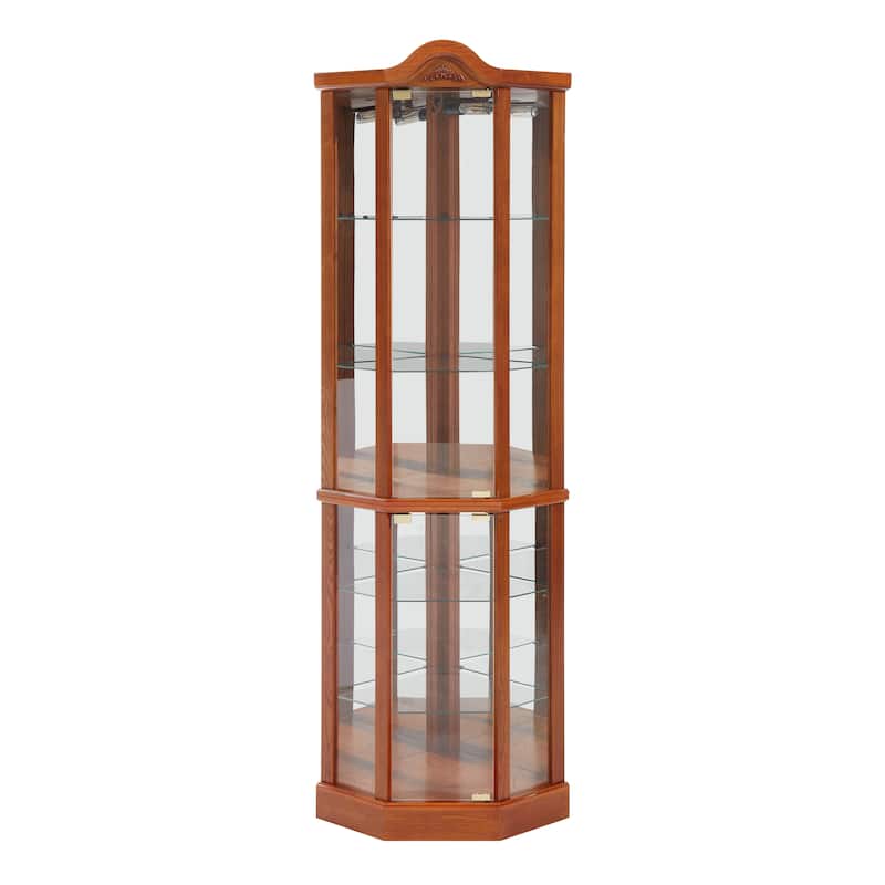 Lighted Display Curio Cabinet, Corner Wooden China Cabinet, Wine Bar Cabinet with Tempered Glass Door & Adjustable Shelves