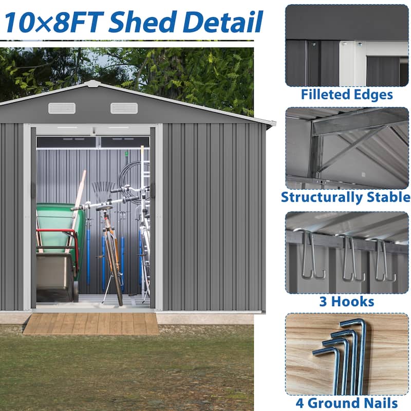 All Weather 10X8 FT Outdoor Tool Storage Shed Metal Lockable Gray