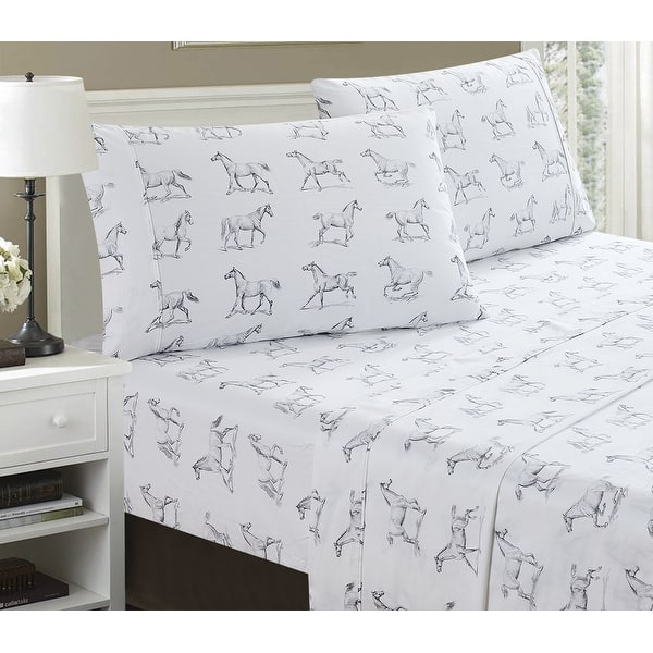 slide 2 of 4, Printed Design Cotton Collection 400TC Pleat Horses Bed Sheet Set