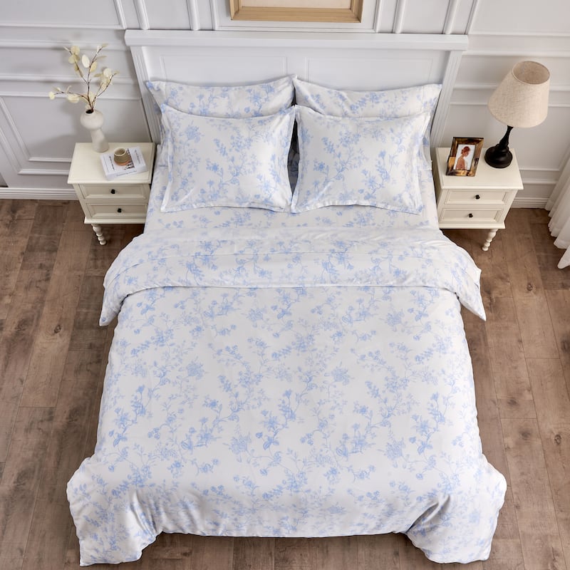 Printed Design Cotton Collection 400 Thread Count Light Blue Garden Bouquet Duvet Set