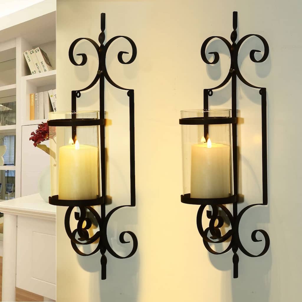 Adeco Cast Iron Vertical Wall Hanging Candle Holder Sconce (Set of 2) - 6.22"x 5.5 "x 20.6"