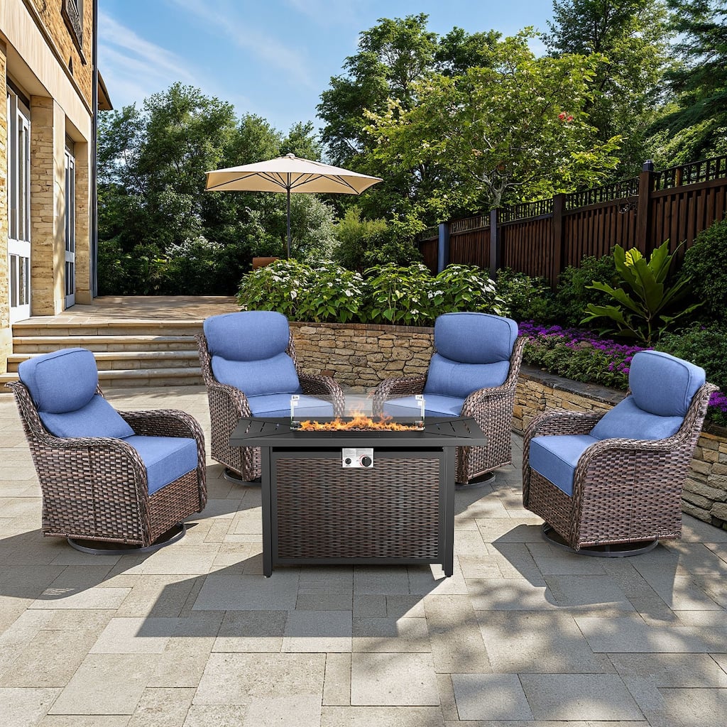 Arcadia 5-Piece Wicker Patio Set with 4 Swivel Glider Chairs and All-Iron Fire Pit