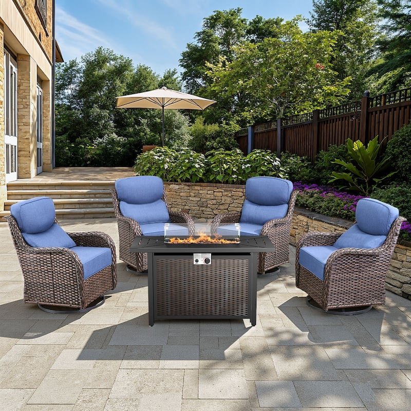 Arcadia 5-Piece Wicker Patio Set with 4 Swivel Glider Chairs and All-Iron Fire Pit - Navy Blue Cushions - Brown Wicker