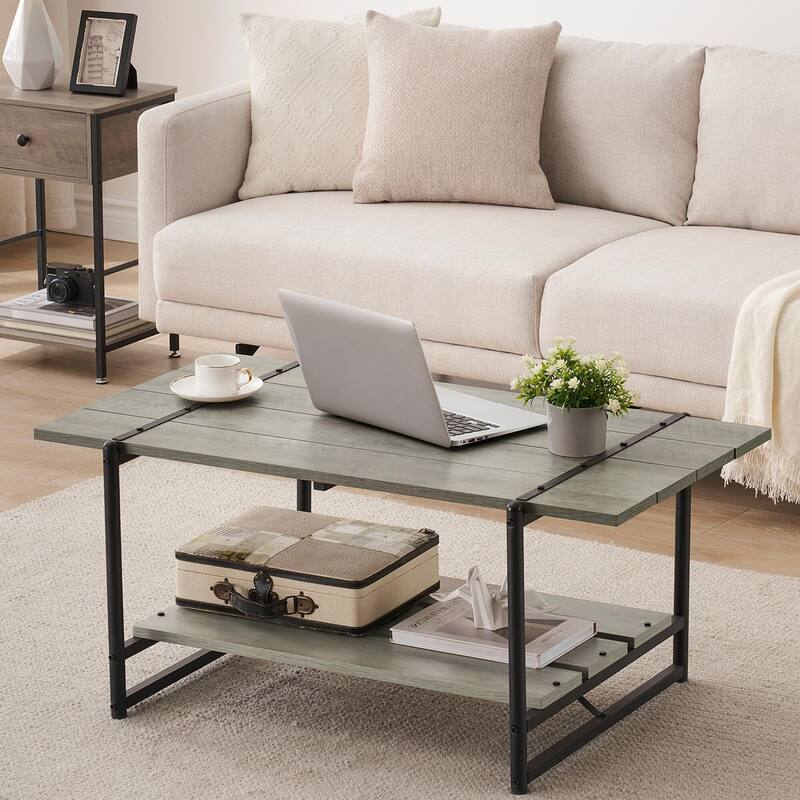 2-Tier Modern Industrial 41'' Large Wood Coffee Table with Storage Shelf