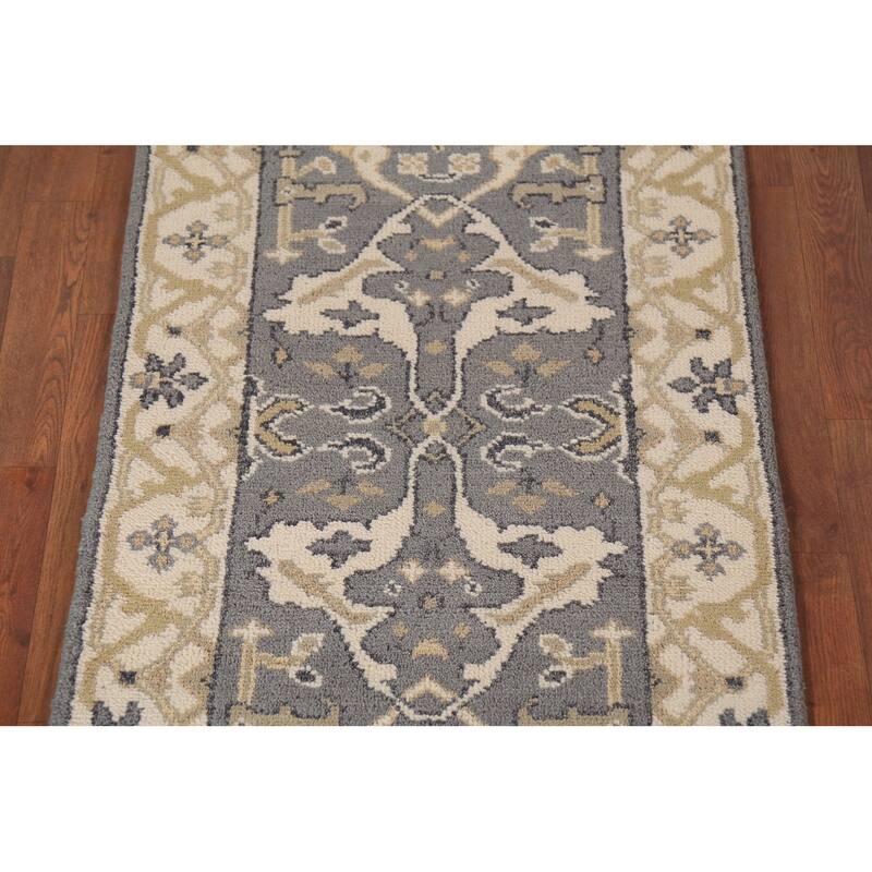 Transitional Gray Oushak Indian Runner Rug Hand-Knotted Wool Carpet - 2'6" x 9'10"