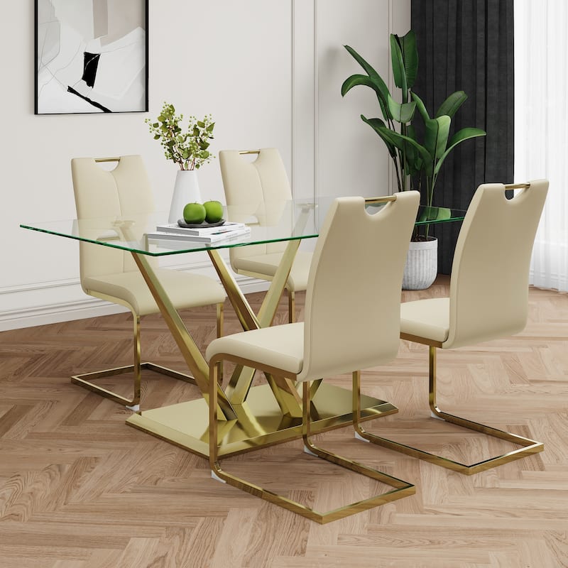 5-Piece Rectangular Dining Table Set for 4 Modern 63" Tempered Glass Kitchen Table with 4 Chairs, Luxury Dining Room Table Set