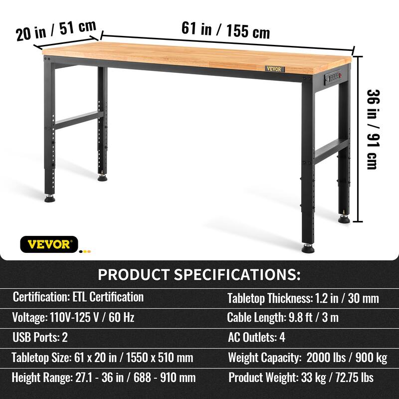 VEVOR Adjustable Height Workbench Work Bench Table w/ Power Outlets