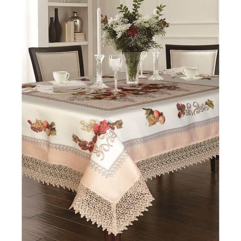 Violet Linen Fruttela Decorative Printed With Lace Trimming Pattern Tablecloth