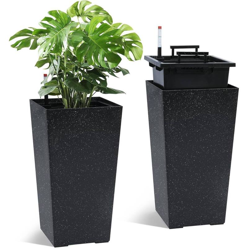 2PCS Garden Decor 21.7" Tall Indoor Outdoor Planters with Water Level Monitor - Black