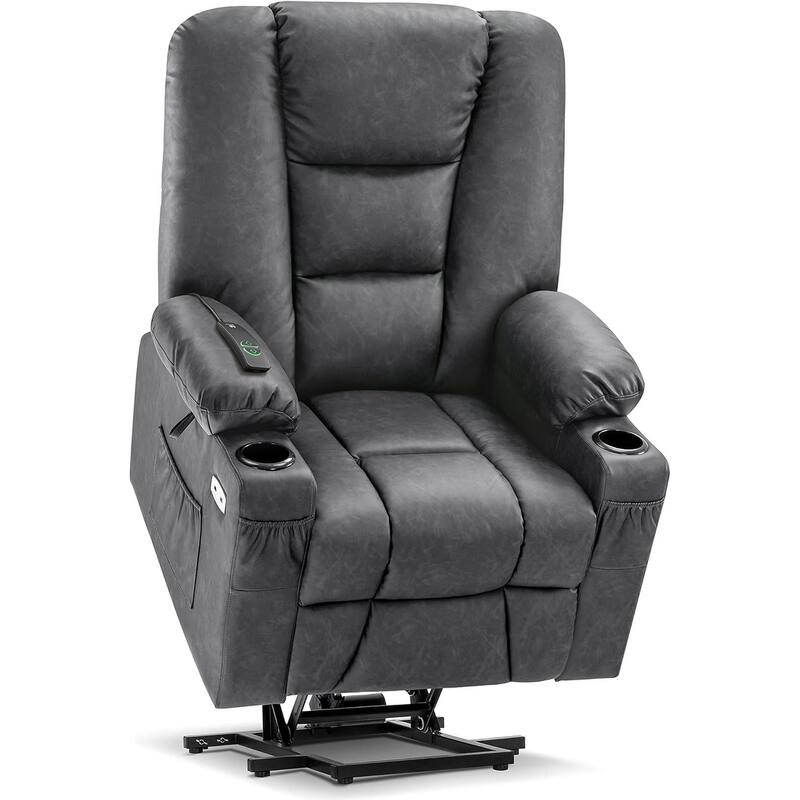 MCombo Large Lift Recliner Chair with Massage and Heat for Elderly, Extended Footrest, Cup Holders, USB Ports, Faux Leather 7539
