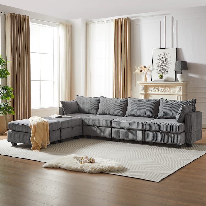 Roomfitters 113.5" Modular Corduroy U-Shaped Sectional Sofa, 6-Seater Convertible Couch with Chaise and Storage Ottoman - Grey