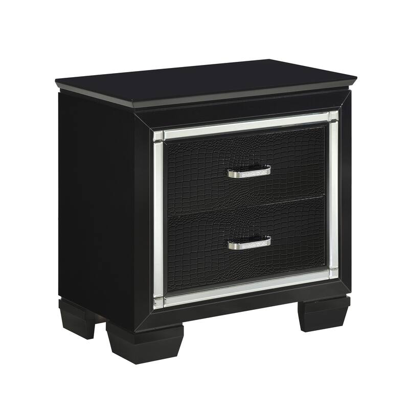 Glamorous Black Nightstand, 2 Dovetail Drawers, Faux Alligator Embossed Front
