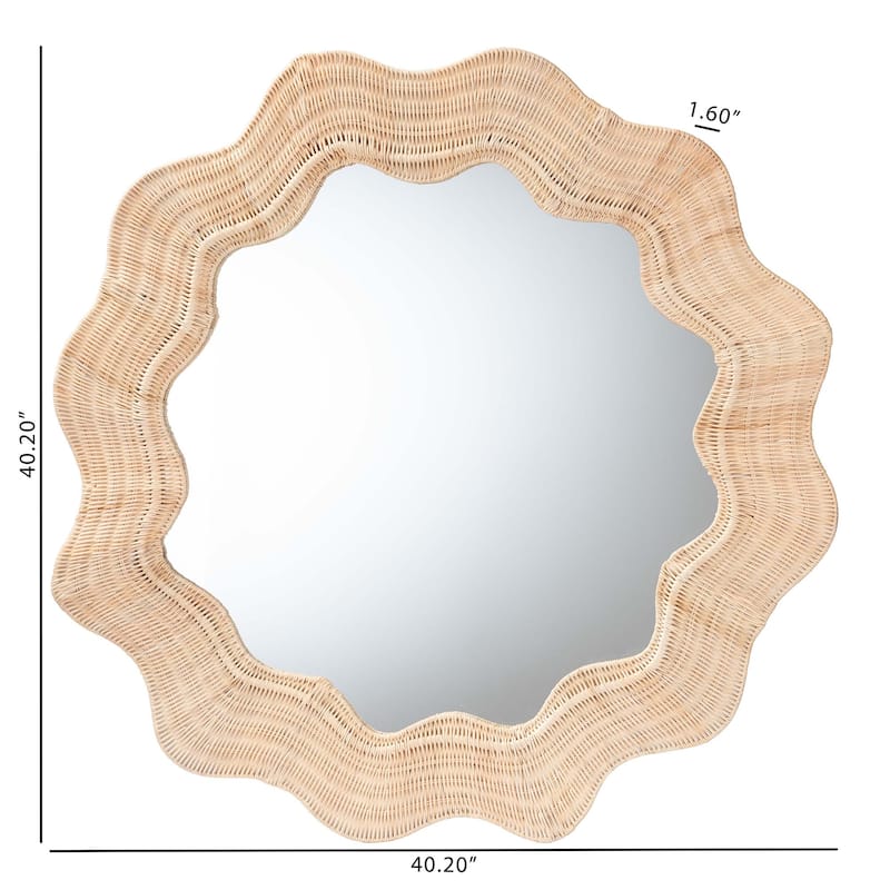 Hasana Coastal Scalloped Natural Rattan Round Accent Wall Mirror