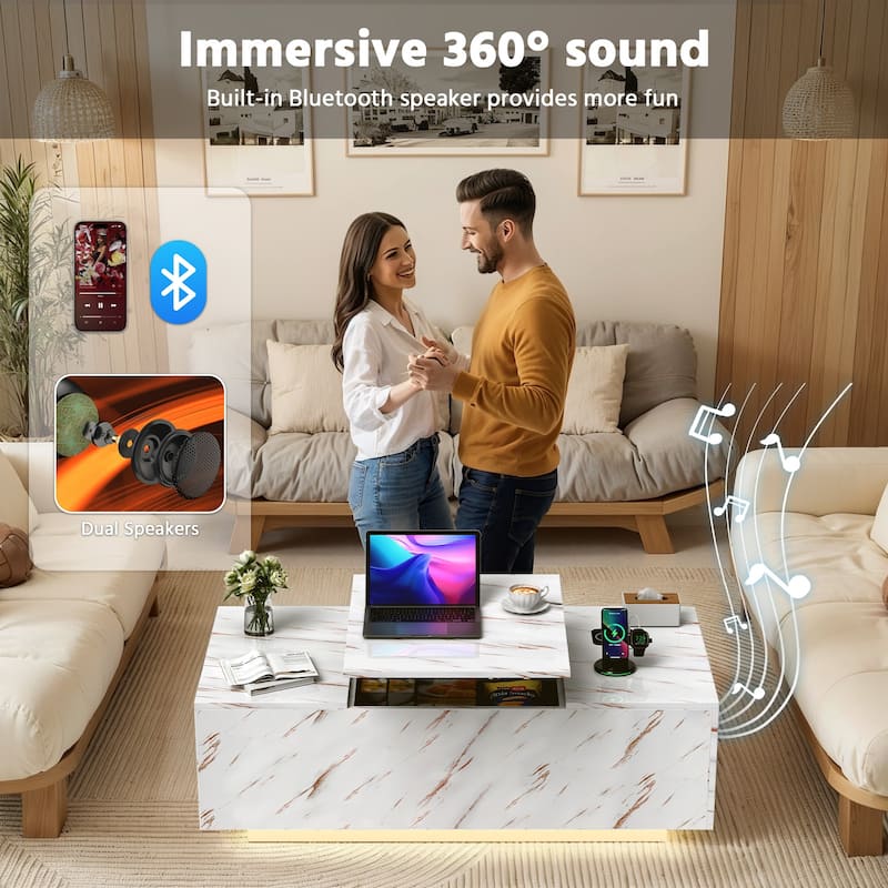 Meyreso Lift-Top Smart Marble Coffee Table with LED Light and Hidden Storage