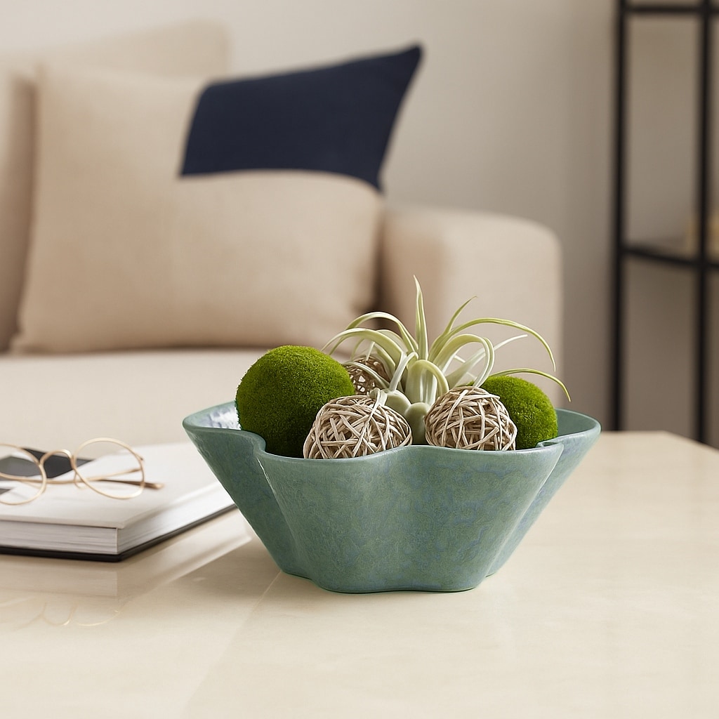Decorative Ceramic Abstract Wavy Edged Bowl - 13", Green - 13.0"