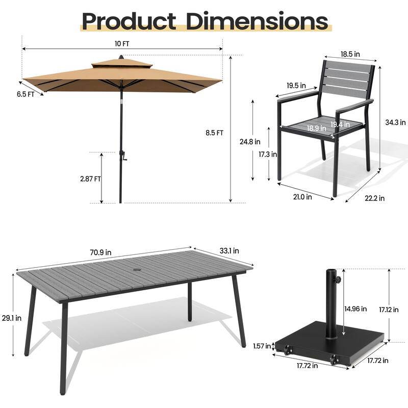 9PC Outdoor Patio Dining Set Aluminum Table with Stackable Armchairs w/ Premium Market Umbrella Sets