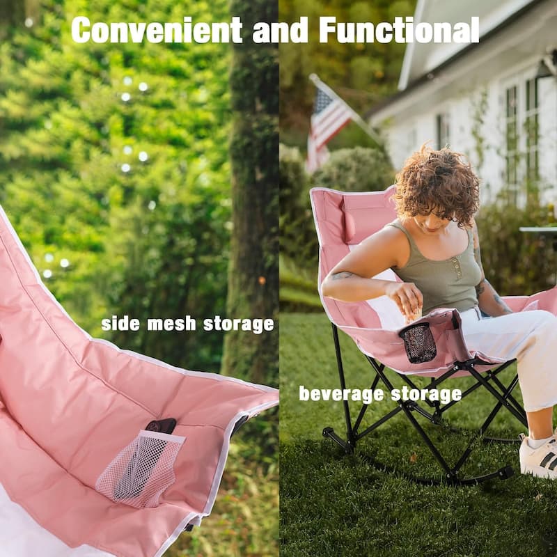 BOSSIN Heavy-Duty Oversized Rocking Camp Chair, Portable Folding w/Cup Holder, Cooler & Pocket for Camping, Beach, Backyard